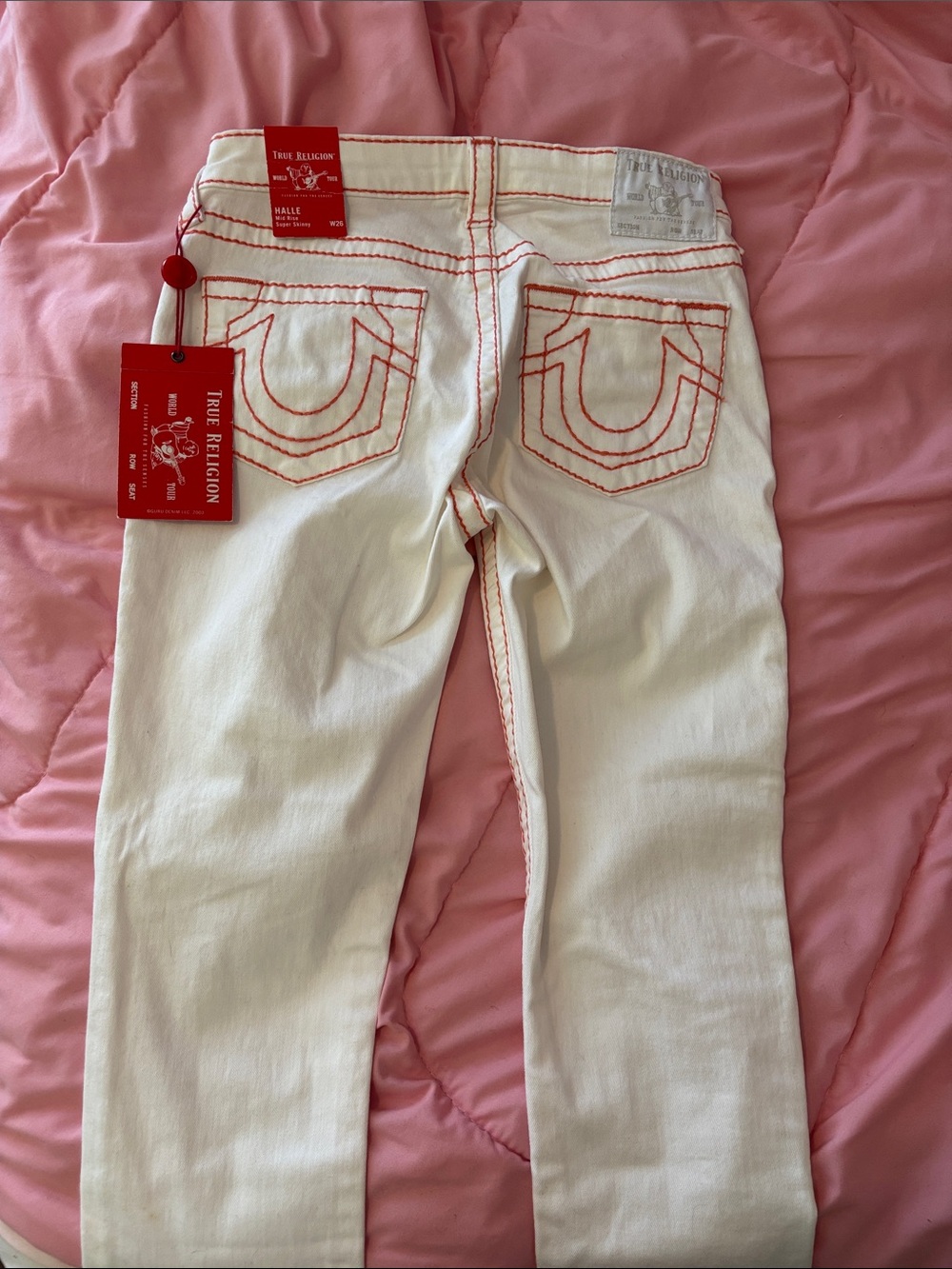 True Religion White Jeans with Red Contrast Stitching